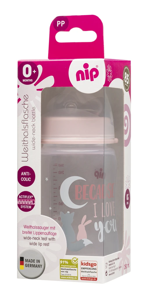 NIP PP BOČICA ŠIROKO GRLO, 260ML, VEL.0+, FLOW M, GIRL