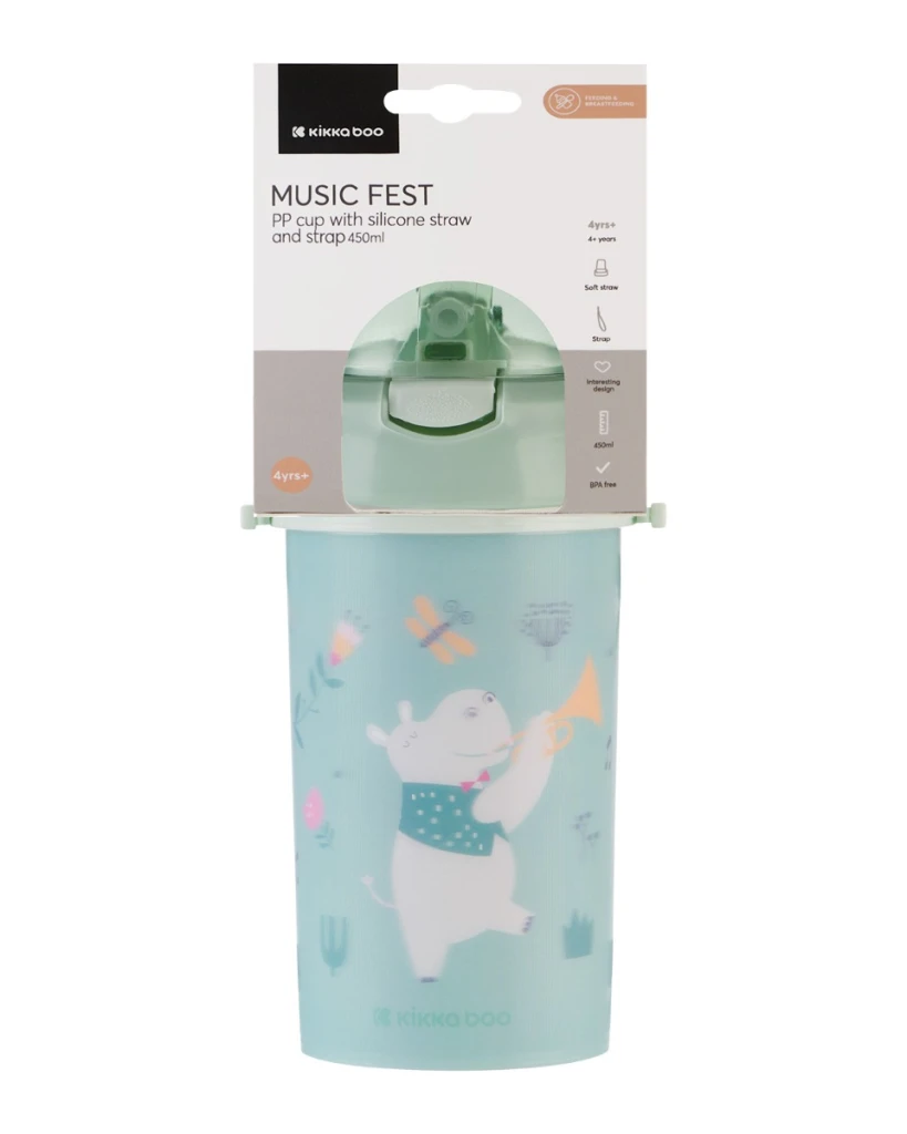 KIKKA BOO ŠALICA SA SIL.SLAMKOM I REMENOM 450ML,MUSIC FEST MINT