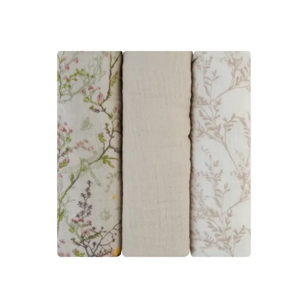 KIKKA BOO MUSLIN PELENE,SET 3 KOM,75X75CM,SECRET GARDEN BEIG